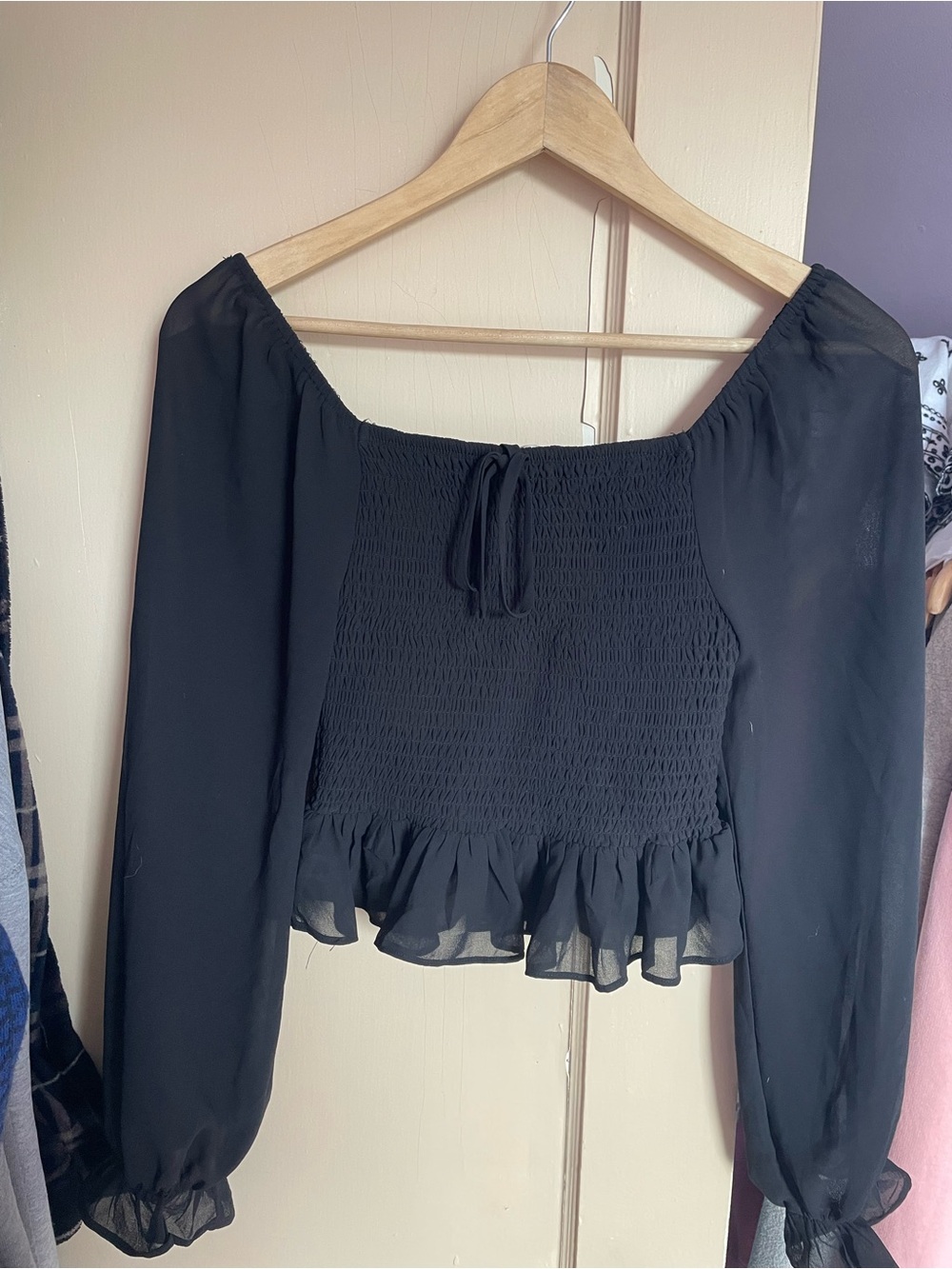 Active USA Black Smocked Peasant Blouse with Ruffle Hem